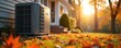 © Vadym - Air source heat pump stands outside house on lawn with leaves. Autumn season sun shines on eco friendly home climate control system. Home improvement concept for comfort life.