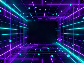 Wall Mural - Neon grid tunnel with glowing lines and floating spheres in a dark retro futuristic style scene