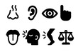 © Влада Яковенко - Sensory Instincts Icons. Solid, filled icon set of sensory instincts: smell, hearing, sight, touch, taste, intuition, reflex, balance. [Line icons in only