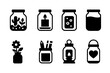 © Coosh448 - Jar Craft Icon Set. Solid, filled icon set of jar crafts: terrarium, candle making, soap making, storage jar, flower vase, pen holder, lantern, memory jar.