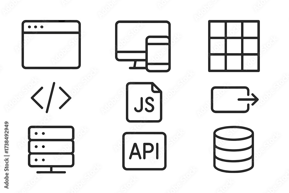 Web Development Icons. Outline icon set of web development: browser ...