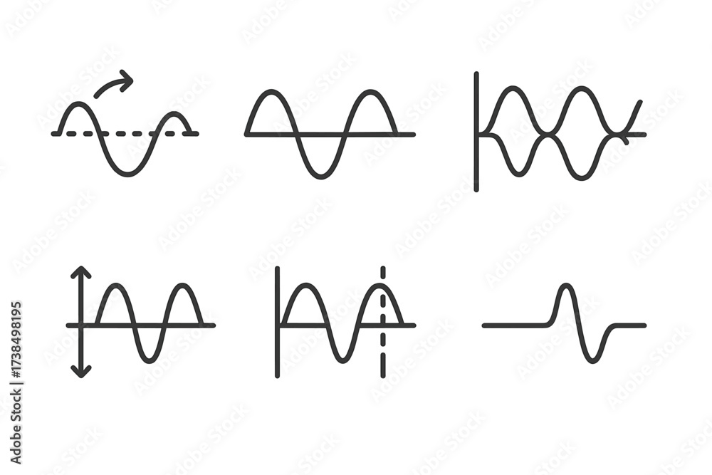 Wave and Moon Icons. Outline icon set of wave motions: oscillation ...