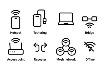 Wi-Fi Modes Icons. Outline icon set of Wi-Fi connection modes: hotspot, tethering, client mode, bridge mode, access point mode, repeater mode, mesh network