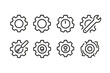 © Настя Шевчук - Digital Gear Icons. Outline icon set of digital gear symbols: settings gear, cogwheel, adjustment gear, control knob, gear with wrench, gear with screwdriver,