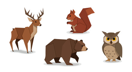  Geometric Origami Forest Animals Set Deer Squirrel Bear and Owl Vector Illustration