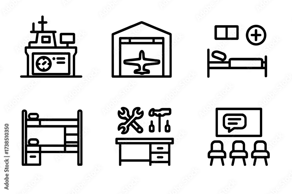 Aircraft Carrier Icons. Outline icon set of aircraft carrier onboard ...