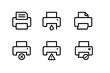 © Svitlana - Printer Status Icons. Outline icon set of printer statuses: printing, low ink, paper jam, out of paper, offline, error alert, maintenance required, ready to