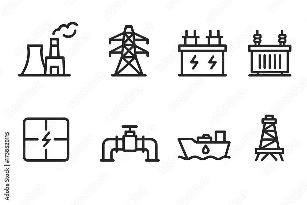 Energy Infrastructure Icons. Outline icon set of energy infrastructure ...