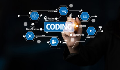 This image represents the concept of coding in software development, showcasing essential processes, terms, and technologies in a modern digital format, emphasizing innovation. Tessel