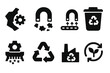 © Svitlana - Magnet Recycling Icons. Solid, filled icon set of magnet recycling: scrap metal, magnet recovery, separation process, recycling bin, metal shredder, eco