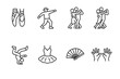 © Svitlana - Dance Style Icons. Outline icon set of dance styles: ballet shoes, hip hop dancer, salsa couple, tango pose, breakdance move, ballet tutu, flamenco fan, jazz