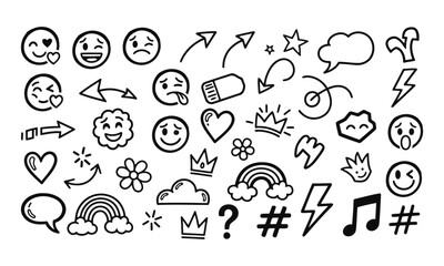  fun set of hand drawn doodle elements including emojis arrows and rainbows
