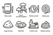 © Влада Яковенко - Restaurant Icons Set. Outline icon set of serving size in restaurants: menu plate, chef?s recommendation, portion control, tasting size, large serving, side