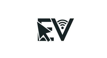 Modern EV Letter Logo Design Combining Arrow Pointer and Wireless Connectivity Sign