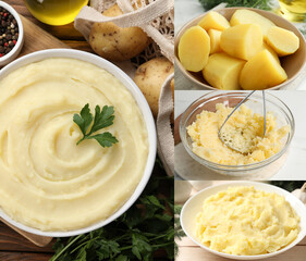 Wall Mural - Bland food taste. Boiled and mashed potatoes, collage