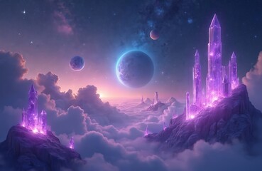 Wall Mural - Cosmic landscape artwork celestial crystal structures floating above clouds among planets, sparkling stars. Fantasy universe illustration with neon glow, dreamy atmosphere. Digital art creates