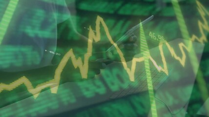 Wall Mural - Stylus-wielding hand tapping keyboard and tracing chart showing price labels for financial analysis