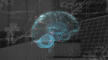Wall Mural - On data input, holographic brain model appearing, rotating, revealing magenta nodes for analysis