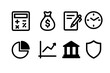 © Влада Яковенко - Severance Pay Icons. Solid, filled icon set of severance pay calculation: calculator, money bag, document with pen, clock, pie chart, graph, bank building,