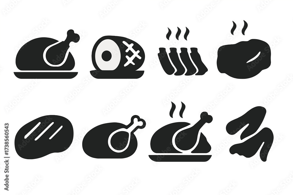 Cooked Meat Icons. Solid, filled icon set of cooked meats: roast ...
