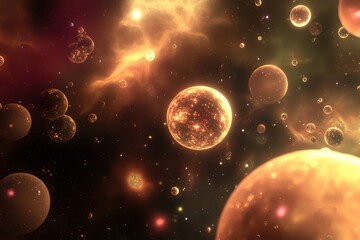Wall Mural - Exploration of distant galaxies with glowing celestial orbs in vibrant cosmic colors