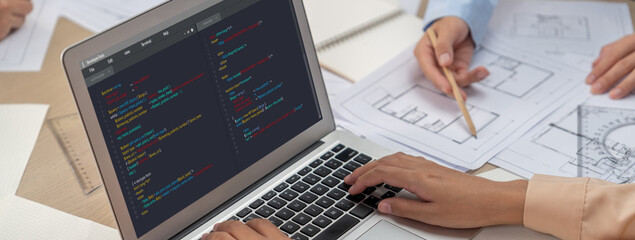 Software development programming on computer screen for brisk application and program coding