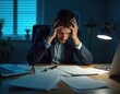 © Viktor - Man holds head in hands, looking stressed over papers late at night in office. Tired businessman works overtime feeling pain from headache and fatigue.