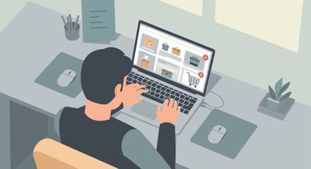 Person shopping online using a laptop at a desk