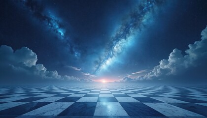 Wall Mural - Vast checkered floor stretches under dark starry night sky with vivid nebula and white clouds. Bright light glows on horizon. This surreal cosmic landscape feels dreamlike and infinite and mysterious.