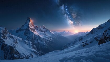 Wall Mural - Vast snow covered mountains under dark night sky. Many bright stars, Milky Way galaxy glow above rugged ice peaks. Distant horizon shows sunrise light. Cold winter nature landscape majestic, wild,