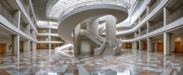 Wall Mural - Modern architectural atrium with spiral staircase and glass ceiling in daylight