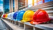 © Md - A row of colorful construction hard hats in red, yellow, blue, and white lined up on a metal railing in front of a modern office building, representing safety and teamwork