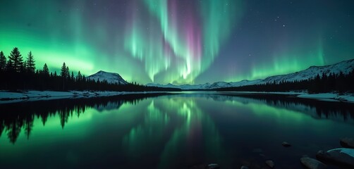 Wall Mural - Aurora borealis lights up night sky above snowy mountains, forest. Green, purple aurora reflected in calm lake water. Stars shine in dark blue sky. Snowy landscape with trees, rocks. Northern lights