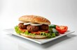 © Viktor - Delicious Turkish Kofte sandwich with savory meatballs, fresh lettuce, red tomato, white onion slices on sesame seed bun. Yummy dish served on white plate. Isolated on clean white background for food