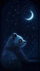 Wall Mural - A dreamy, starry panda gazes at a crescent moon through a window. The low-angle view adds depth, creating a whimsical video-like scene. Live mobile wallpaper.