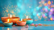 © Lenka_X - Diwali background with glowing clay diyas, golden glitter and festive bokeh lights on a vibrant backdrop. Perfect for festival, holiday, celebration, greeting cards, posters and banners