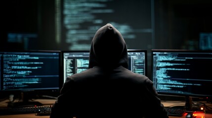 Hacker in hoodie, coding on multiple monitors, blurred code background, for cybercrime or security