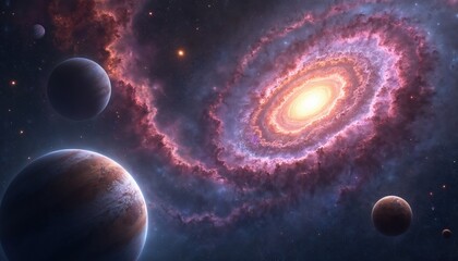 Wall Mural - Vibrant spiral galaxy with planets and stars populate deep space. Cosmic dust clouds swirl with pink and purple hues around a bright central core. Distant worlds orbit the stellar nursery.