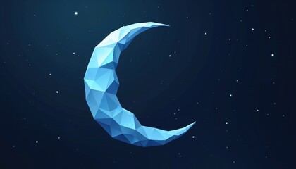 Wall Mural - Low poly style moon illustration in night sky. Geometric crescent shape design with scattered stars. Backdrop for posters, banners, print projects. Decorative graphic in blue shades for space