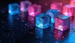© Viktor - Colourful ice cubes with water droplets lie on dark surface. Blue, purple tones. Cubes create refreshing cool mood. Perfect for summer cocktail party. Aesthetic shiny surface creates luxurious