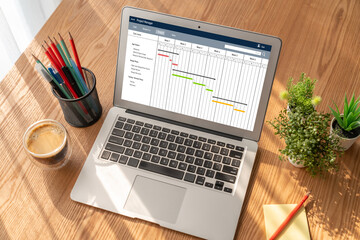 Wall Mural - Project planning software for modish business project management on the computer screen showing timeline chart of the team project