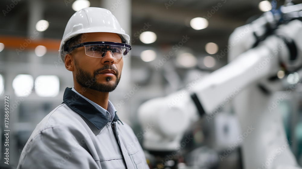 Engineer in smart factory using augmented reality glasses to monitor ...