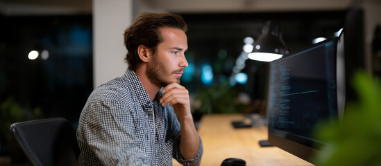 Software developer analyzing code on wide computer screen, modern office setup with lamp and wooden desk software developer, programming, computer screen code, modern office, IT pr