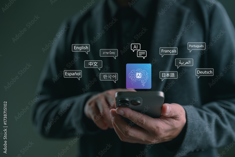 Businessman using smartphone with AI translation app for multiple ...