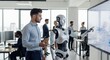 © SteffCunha - Man and robot pointing at a futuristic screen in a modern office with colleagues in the background