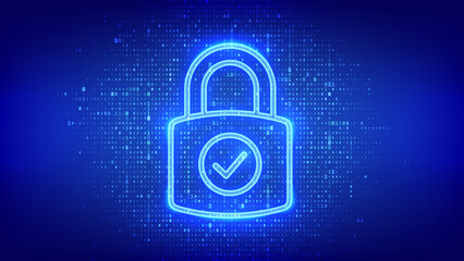 Lock. Cyber security. Padlock with Check mark icon made with binary code. Protect and Security or Safe concept. Information privacy. Digital code background with digits 1.0. Vector Illustration.