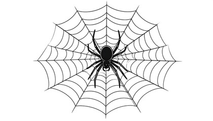 Black and White Illustration of a Spider on Its Web for Halloween