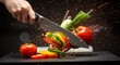 © ida - view showcases a sharp knife slicing fresh, colorful vegetables, including bell peppers and tomatoes, creating a dynamic splash with a dark background and the vegetables' vibrant colors adding a...