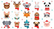 © Kulo - A festive collection of cute cartoon animal faces wearing winter hats and scarves, surrounded by snowflakes.