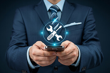 Businessman using mobile app for technical support and maintenance with tools icon overlayed on screen